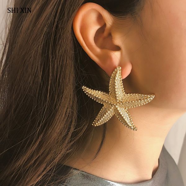 

shixin exaggerated boho big starfish stud earrings women fashion modern sea star female statement jewelry oorbellen brincos gift, Golden;silver