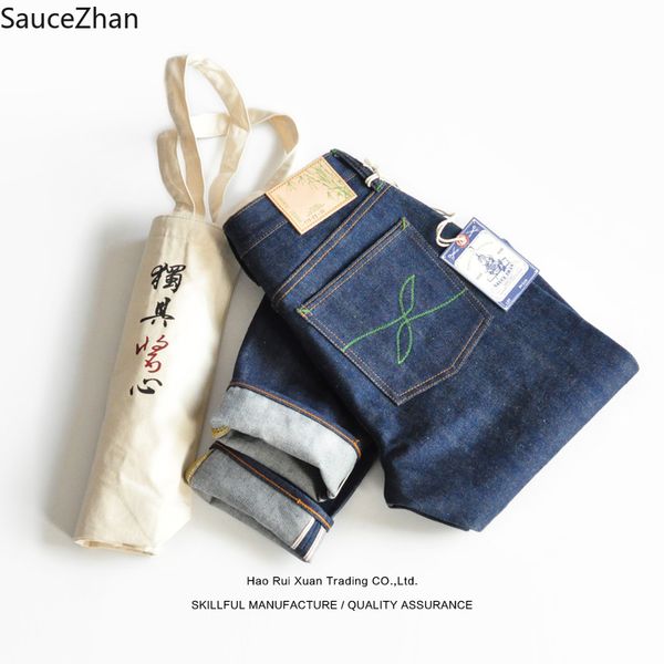 

saucezhan paste-stained bamboo bag redline tannin plant dyeing jeans primary color denim indigo dyeing mens jeans brand, Blue