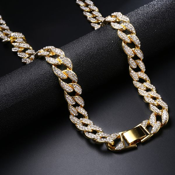 

miami curb cuban chain necklace gold iced out paved rhinestones cz bling rapper necklaces men hip hop jewelry, Silver