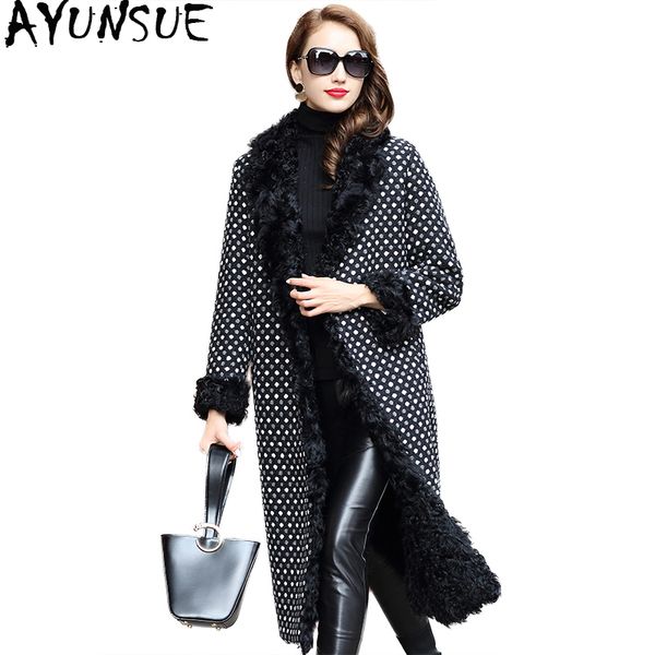 

ayunsue 2019 luxury women's fur coats natural lamb fur liner woolen tweed coat female long dot warm winter jacket women jbl1c, Black