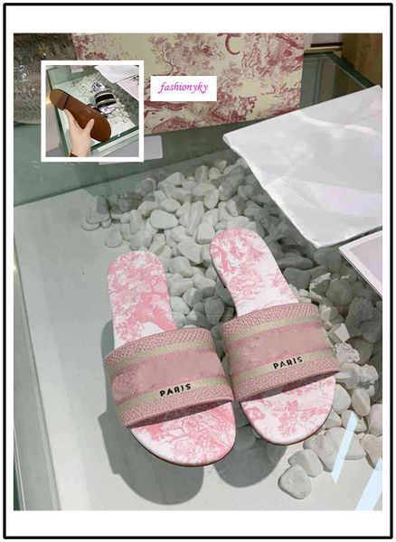 

original box new women slippers brand sandals flat designer shoes slide dazzle flowers embroidery sandal floral striped beach slipper, Black