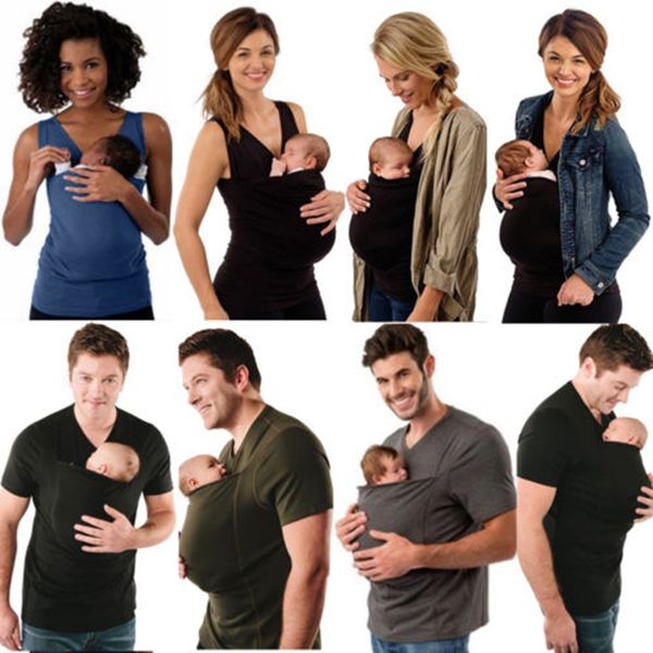 

women's men cotton t-shirt kangaroo vest parenting baby carrier clothes, White