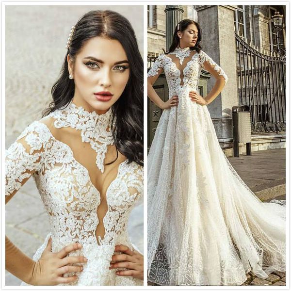 

arabic aso ebi luxurious lace beaded wedding dresses high neck long sleeves bridal dresses vintage wedding gowns, White