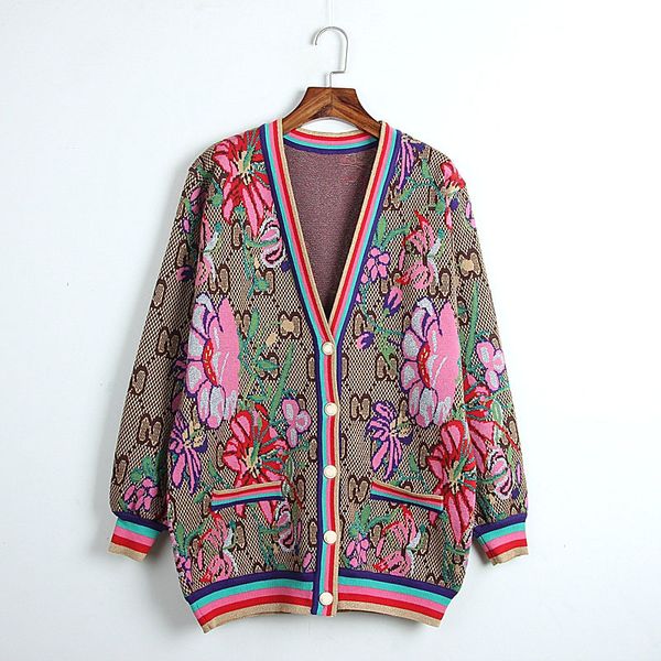 

womens sweater cardigan 2020 early spring new flowers jacquard loose knit v-neck thick jacket designer sweater jacket plus size s-l, White;black
