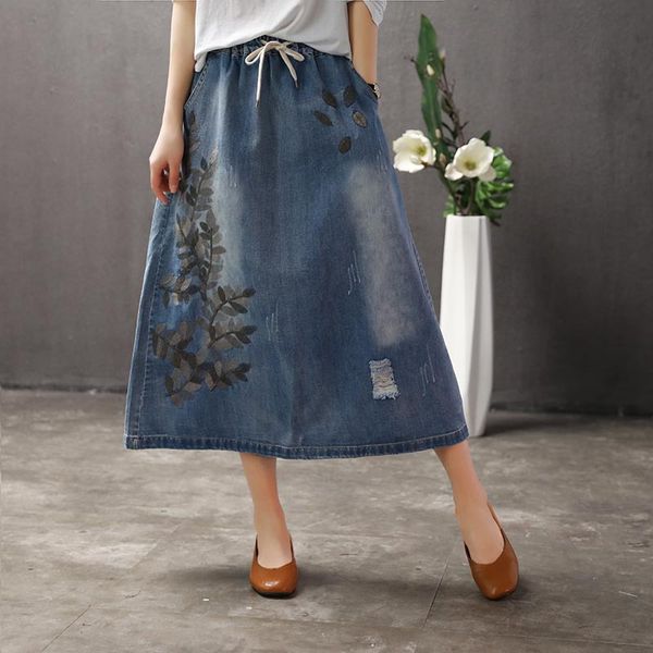 

890 summer national style retro washed hole women denim skirt female elastic waist embroidery leaves large size skirts long girl, Black