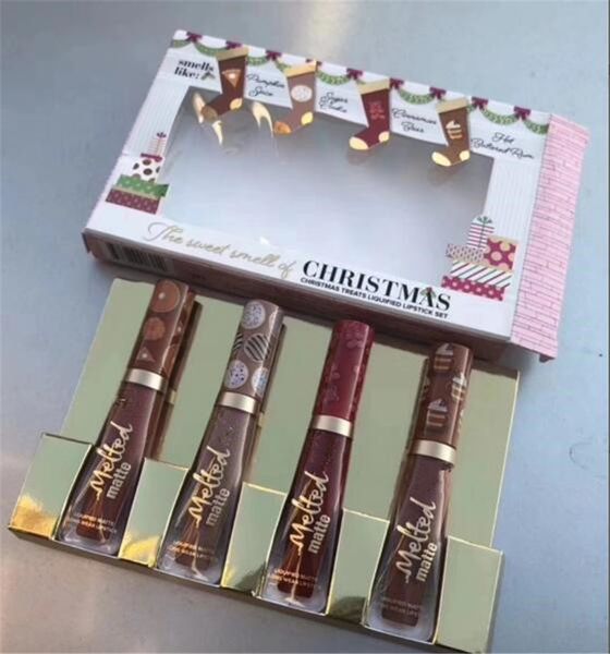 

In stock Newest Faced Lipstick The Sweet Smell of Christmas Treats Liquified Set 4pcs 4 colors Lips gloss Melted Matte Makeup Cosmetics gift