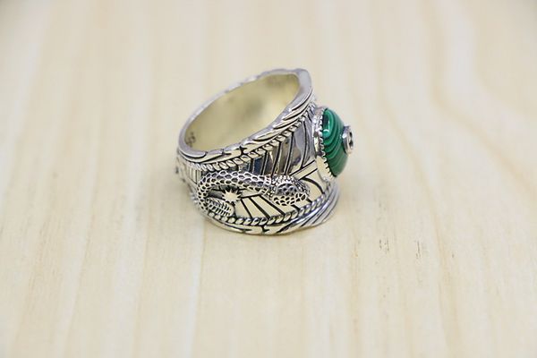 

factory wholesale sterling silver double snake wrapped malachite ring index finger male british style jewelry fashion thai silver retro ring