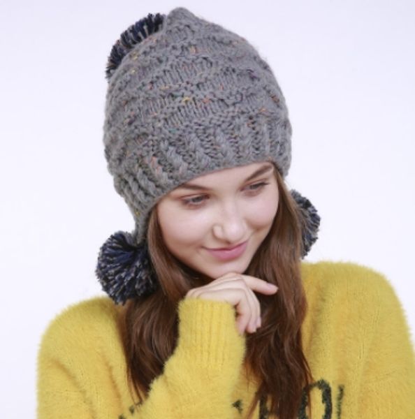 

mixed color knitting wool earmuffs hat women's autumn and winter new handmade jacquard 3 ball yarn ball warm cap wholesales, Blue;gray