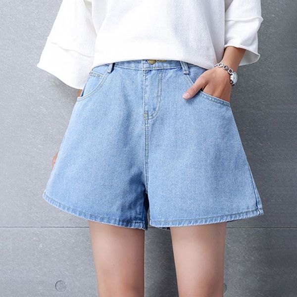 

women denim shorts 2019 summer high waist solid color casual wide leg female loose ladies shorts pocket jeans for women, White;black