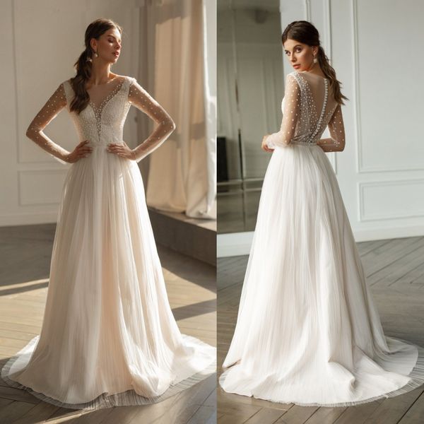 Georges Hobeika 2020 vestidos de casamento Jewel mangas compridas rendas vestidos de noiva botão Voltar Trem da varredura Bohemian A Linha de Vestido de Noiva