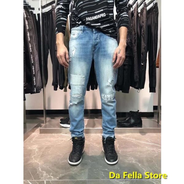 

2020ss jeans men women seasons streetwear classic jeans tapered varick denim pants destroyed wash breakdown collection, Blue