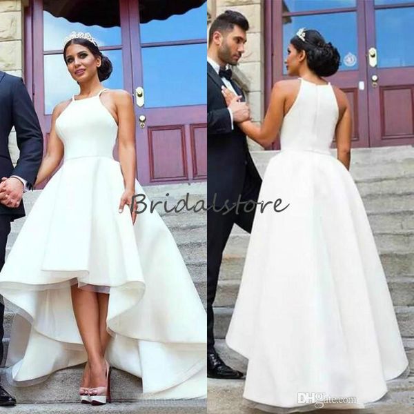 

middle east high low wedding dresses sleeveless elegant front short back long country wedding dress plus size spring asymmetric bridal gown, White