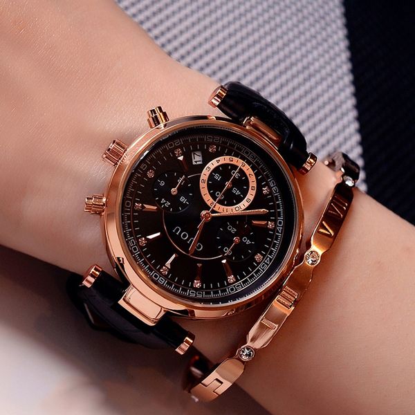 

fashion guou brand real 3 eyes waterproof leather or rose gold steel analog calendar wristwatches wrist watch for women girls, Slivery;brown