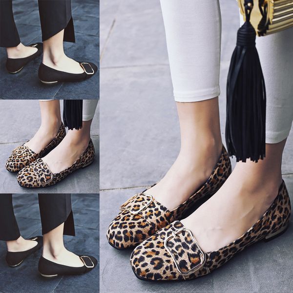 

flats shoes colorful leather fashion leopard print shoes suede flats large size square buckle single shoes#3, Black