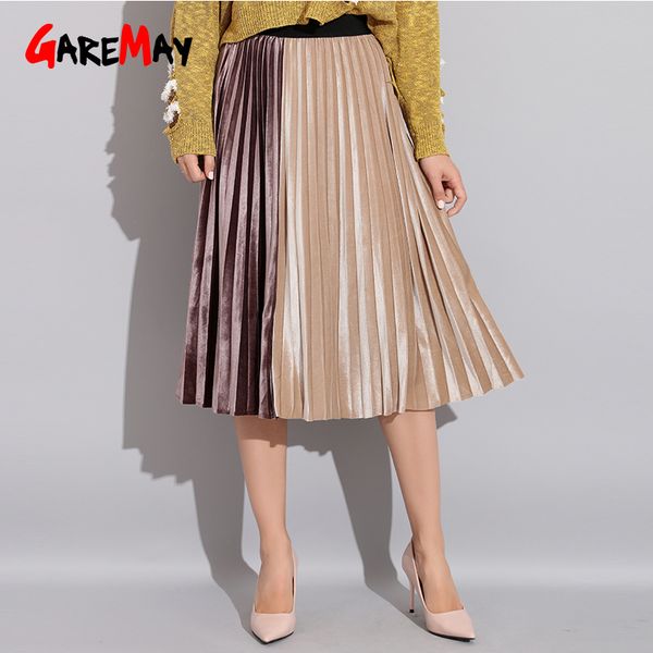 

patchwok midi skirt elastic high waist pleated long skirt female a-line velvet pleated school skirts womens elegant winter 2019, Black