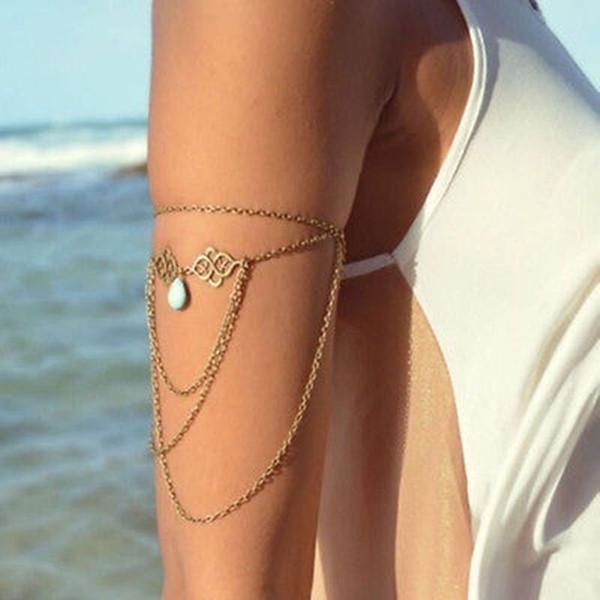 

womens fashion unique tassel chain upper armbracelet imitation blue bead bead charm body arm chain jewelry, Black
