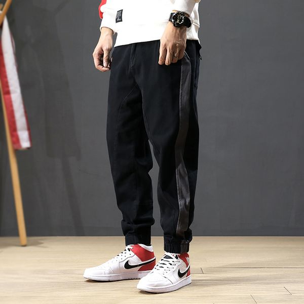 

japanese style fashion men jeans side stripe designer spliced black harem pants streetwear hip hop joggers jeans men sweatpants, Blue