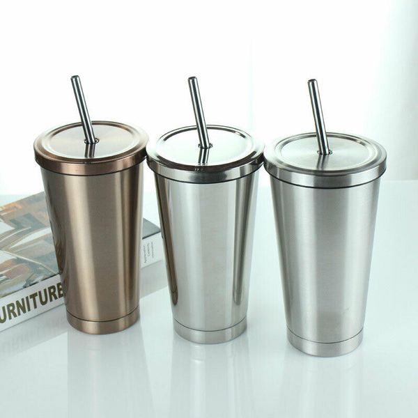 

500ml stainless steel mug travel tumbler coffee cup with drinking straw portable outdoor cups