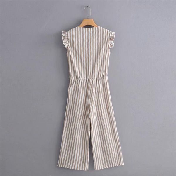 

women striped v neck jumpsuits bow tie sashes side zipper ruffles sleeveless rompers retro female casual playsuits, Black;white