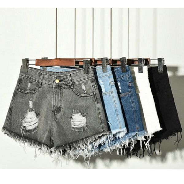 

women's jeans 2021 summer holes light blue high waist denim wide foot shorts women increase elastic casual loose tide female 6xl
