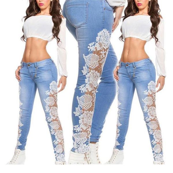 

new white lace patchwork women jeans denim trousers skinny pencil pants stretch washed jeans plus size s-xxl, Blue