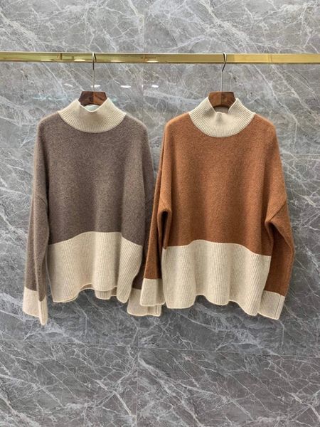 

autumn and winter 2020 new women's round neck color contrast splicing decoration long sleeve versatile loose sweater 1222, Black;white