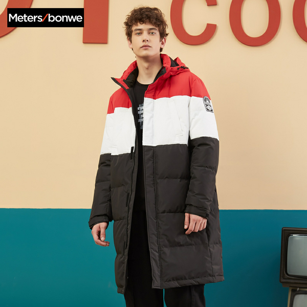 

metersbonwe 2019 new down winter jackets long thick winter down coat men panelled colour fashion overcoat outerwear warm 229407, Black