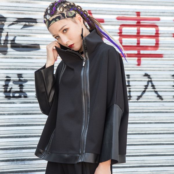 

ewq] 2019 autumn new fashion clothing long-sleeved stand neck loose fashion women pu patchwork large size sweatshirt qj92501, Black