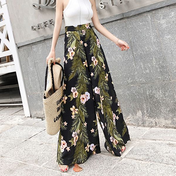 

boho wide leg trousers high waisted floral trousers new 2019 spring summer beach resort flower printed pants 190i3, Black;white