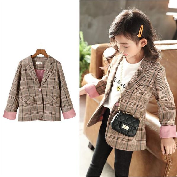 

autumn girls jackets teenage girls v collar plaid coat wholesale, Blue;gray