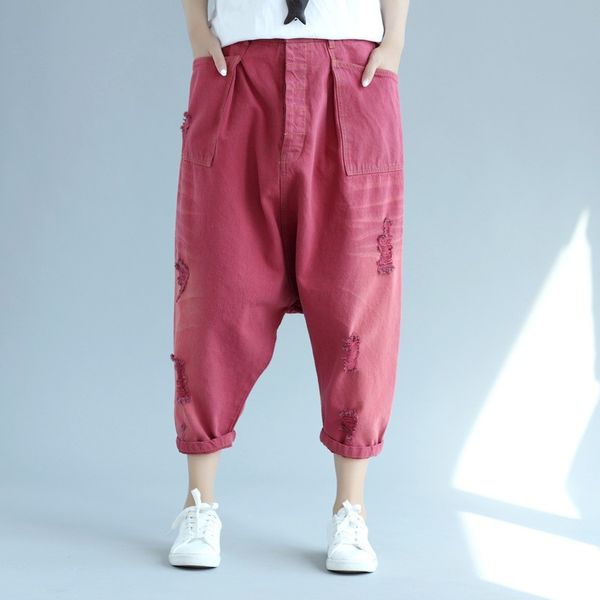 

новые harajuka женщин подметальные cross гарем wash джинсовые брюки отверстие рваные vintage сыпучие fit женских брюк моды streetwear, Blue