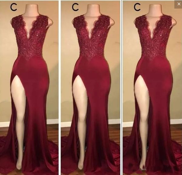 

Sexy Prom Dresses With Deep V Neck Side Split Lace Appliques Beads Mermaid Cocktail Party Dress Women Wear Evening Gowns