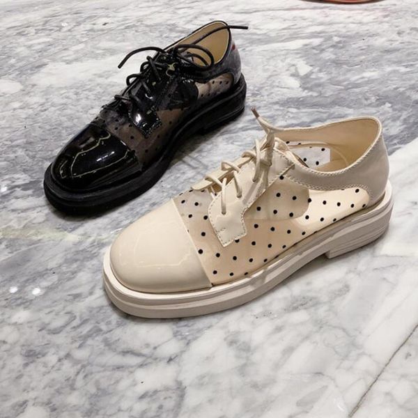

new wave dot mesh lace up brogue shoes for women breathable casual flat shoes black beige zapatos de mujer