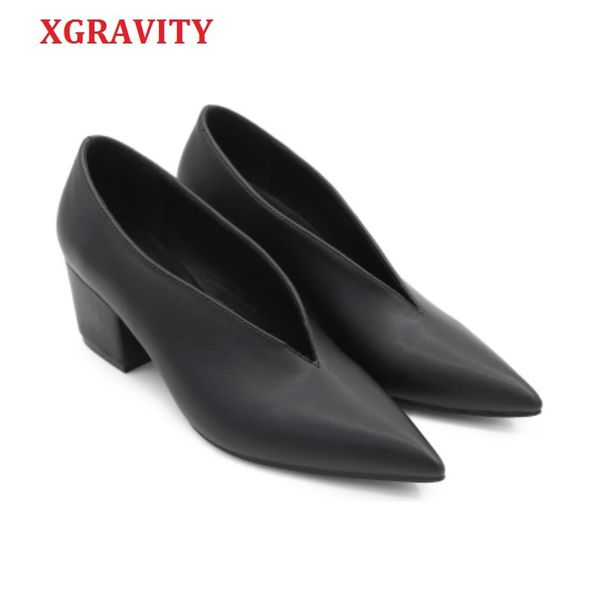 

xgravity spring autumn european american pointed toe dress shoes deep v design woman footwear chunky lady wedges shoes y200111, Black