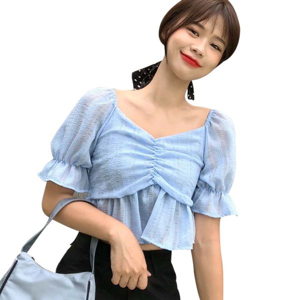 

women summer stransparent short shirts fashion square collar solid short sleeve exposed navel blouse sale, White