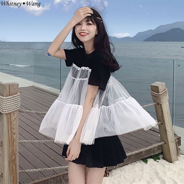 

whitney wang tshirt women 2019 summer fashion streetwear mesh patchwork t shirt women t-shirt tee shirt femme girls, White