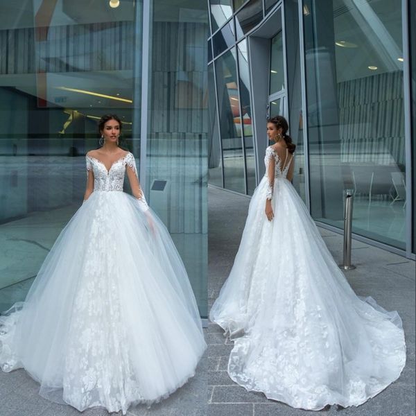 

bohemian wedding dresses 2020 affordable lace appliqued beading sheer neck beach wedding dress sweep train long sleeves bridal gowns, White