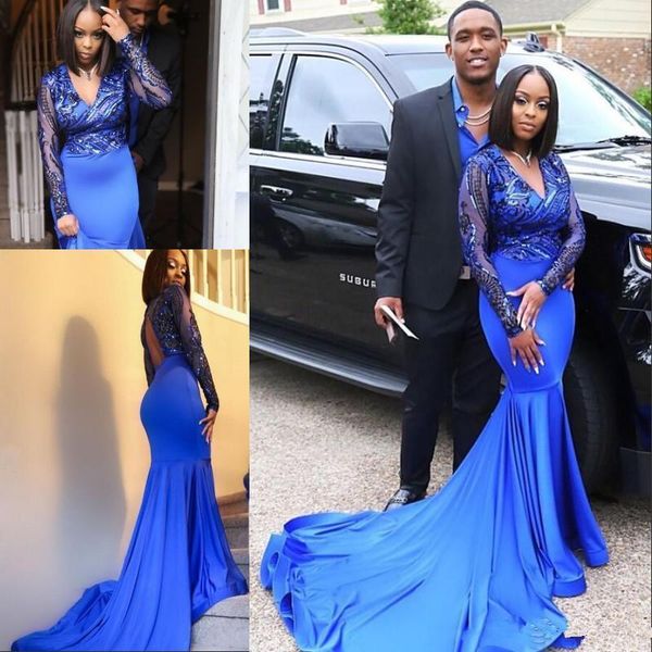

gorgeous v neck long sleeve sequined prom party gowns open back elastic satin sweep train black girls mermaid prom dresses