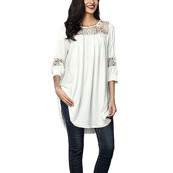 

feitong shirts women casual openwork shirt lace stitching three quarter sleeve blouse ladies fashion soft 2019, White