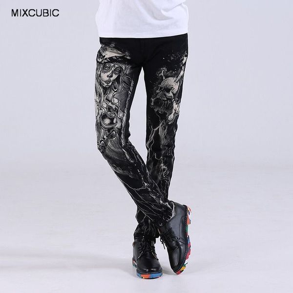 

mixcubic autumn european style street nightclubs skull printed jeans men black casual slim printing washed jeans men,size 28-36, Blue