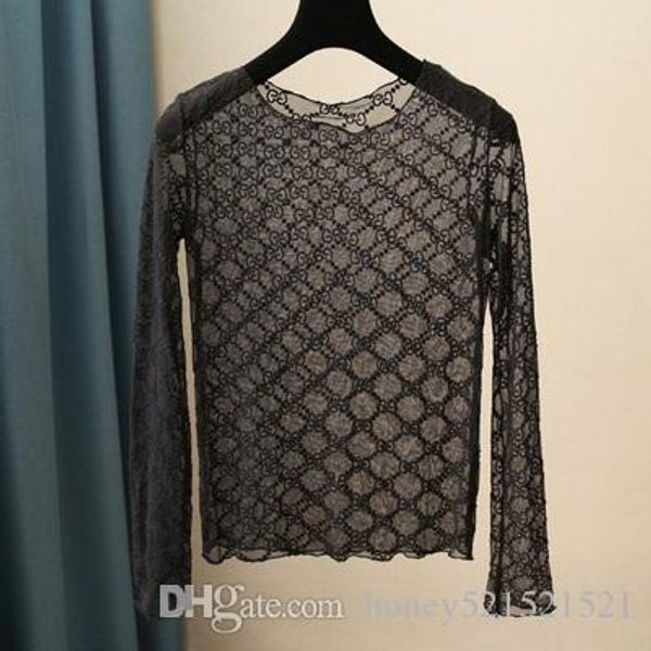 

new design women's logo letter embroidery long sleeve o-neck perspective gauze mesh t-shirt plus size s m l