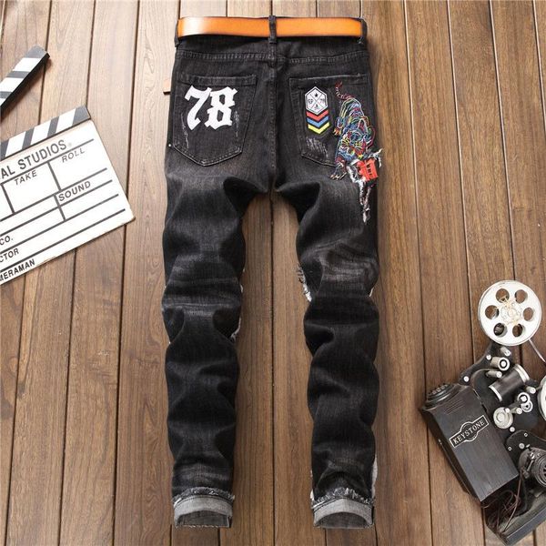 

autumn and winter new washed and worn embroidery tiger skull badge men's designer fashion slim small leg elastic jeans, Blue