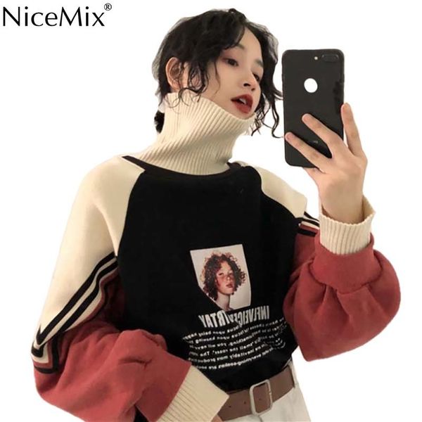 

nicemix осень harajuku толстовка женщина мультфильм пуловер с фонариками рукава водолазка перемычки sudaderas para mujer 2019, Black