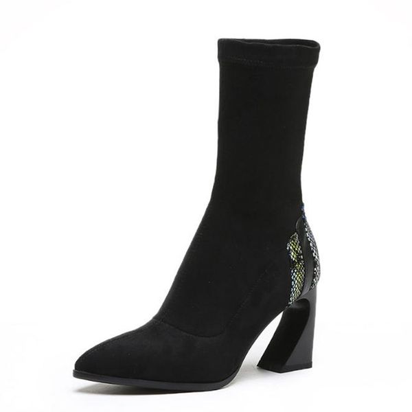 

2019 autumn and winter new black suede stretch women's boots fashion pointed booties high heel ankle boots female obuv