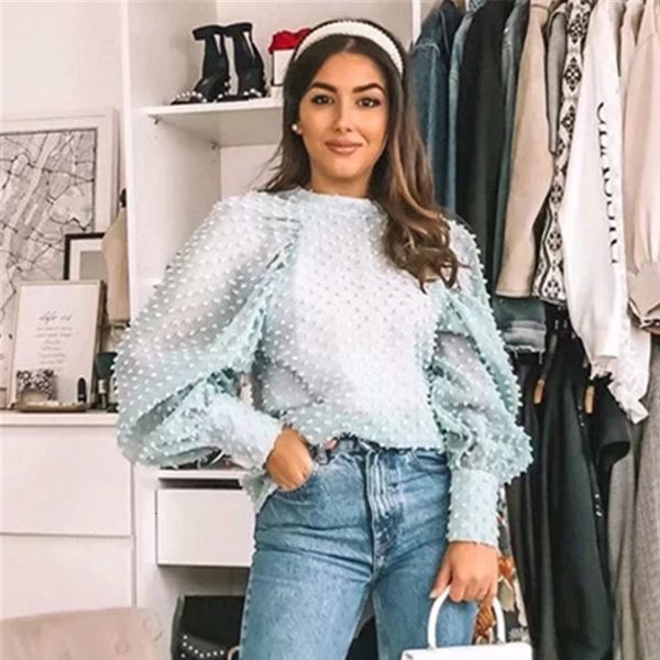 

deat 2020 spring summer long mesh polka dot sleeve turtleneck blouse women mh285, White