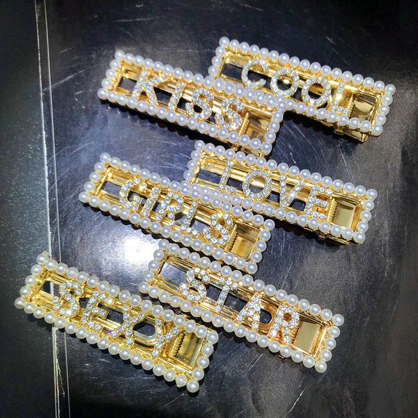 

imitation pearls hollow rice beads rectangular hairpin english letters with crystal rhinestone edge clips ins girl ladies bangs clip gift, Golden;silver