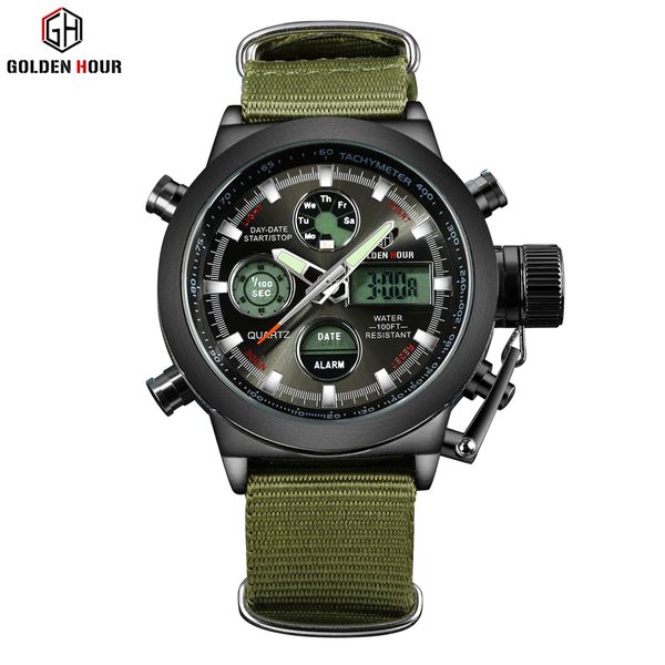 

fashion army cool men military watch canvas strap hours steel case 3 atm waterproof sports led digital analog quartz clock, Slivery;brown