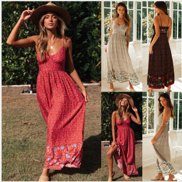 

2020 summer women printed dresses fashion v-neck dresses for holiday beach dress sleeveless dress 3 colors size s-xl, Black;gray