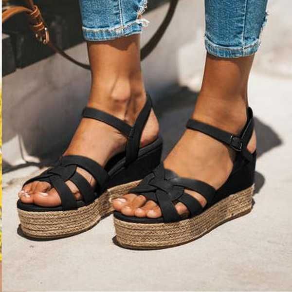 

2020 women sandals shoes lady summer pu leather high heels sandals 2020 chaussures femme platform plus size 43, Black