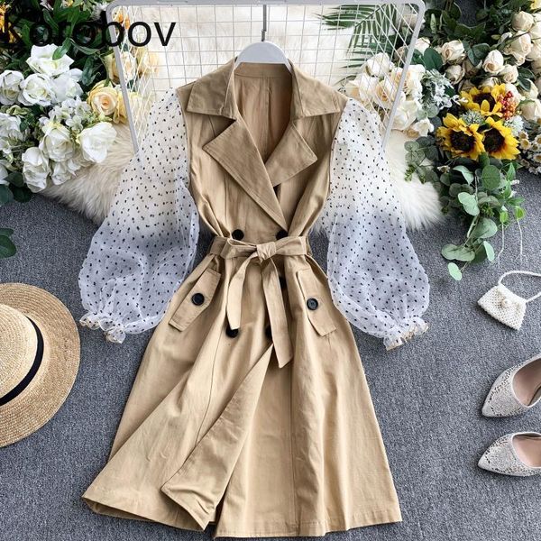 

korobov autumn new polka mesh perspective lomh sleeve trench korean patchwork sashes single breasted coat women outwear 78936, Tan;black